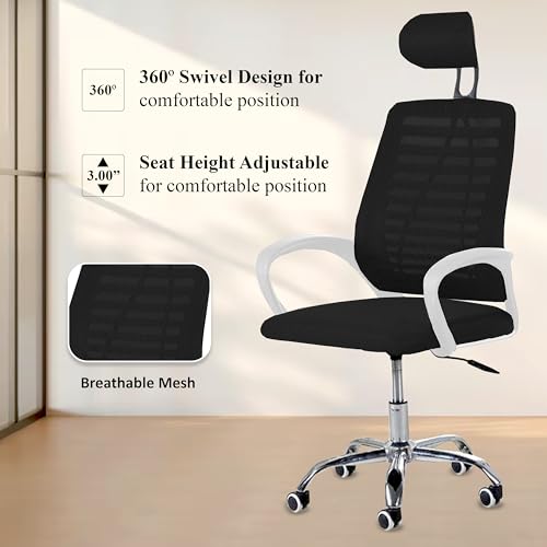 Image of Casa Copenhagen,Mesh Office Desk Chair,Rocking Chairs Ergonomic Computer Chair Adjustable High with Headrest and Comfortable Armrest Swivel Chair - Black Stone & White Handle