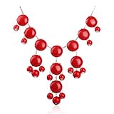 Red Bubble Necklace in Silver Tone, Bib Necklace, Statement Necklace (Fn0508-S-Red)
