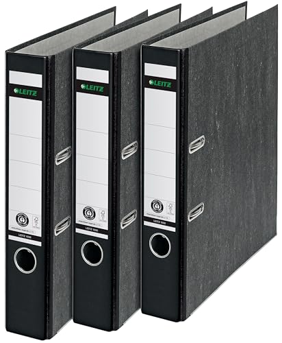 Leitz Qualitäts-Ordner, 3er-Pack, Wolkenmarmor-Papier, A4, 5,2 cm Rückenbreite, Schwarz, 310315095