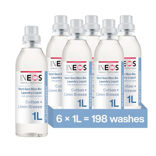 INEOS Non Bio Laundry Washing Liquid Detergent for Sensitive Skin 198 Washes (6 x 1L) Stain Removal for Clothes Plant Powered Stress Relieving Fragrance Vegan Cruelty Free Cotton + Linen Breeze