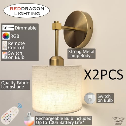 Image of Peel and Stick on Fabric Gold Wall Sconces Battery Operated Set of 2 with Remote, Cordless Battery Wall Lights with Fabric Shade for Bedroom Living Room Bathroom (2 Pack, Gold)