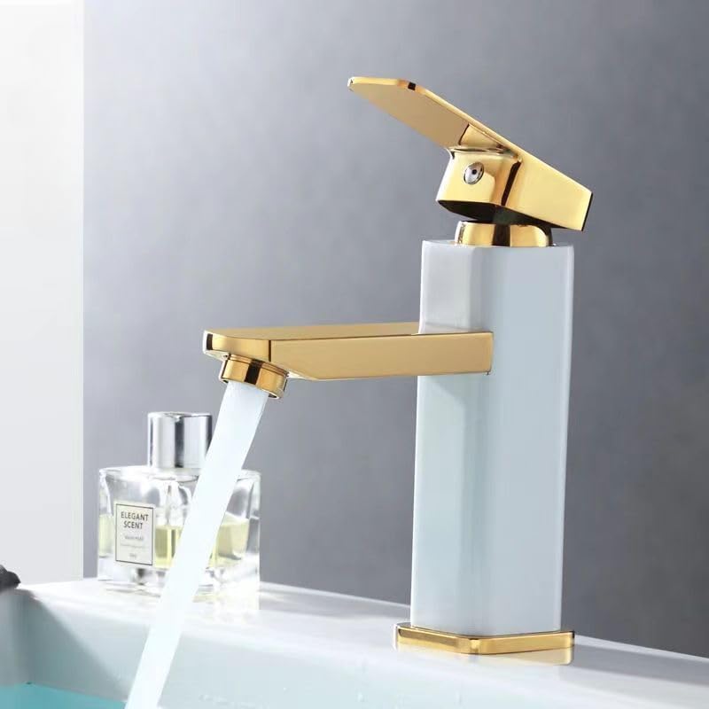 Gold & White Modern Bathroom Basin Faucet, Single-Lever Hot & Cold Mixer Tap with Stainless Steel Core(60CM 2PC)