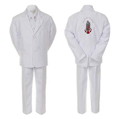 Image of Baby Boy Communion Formal White Notch Lapel Suit Silver Guadalupe on Back SM-20