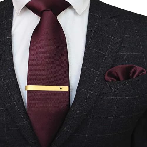 Image of GWD Stainless Steel Tie Clips for Men Personalized Initial Tie Bar Set | 2 Pcs Classic Letter Tie Clips for Men, Silver and 14K Gold Plated Tone