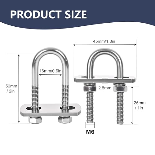 Image of 4 Sets M6 U-Bolts,u-Bolts 0.63 inch (16mm) Wide,U-Bolts with Nuts | 304 Stainless Steel u-Bolts,Bolt Plate and washers,U Bolt Heavy Duty,1 /4 inch U Bolt,Metric thread