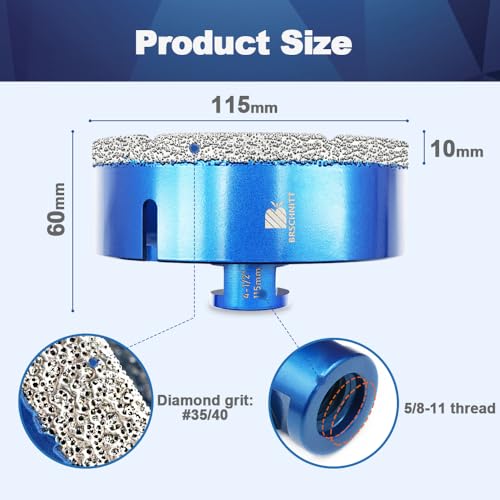 115mm Diamond Core Drill Bit for Porcelain Tile Ceramic Marble Granite Drilling,BRSCHNITT 1pc Vacuum Brazed Diamond Hole Saw with 5/8-11 Thread (115mm) — view 2