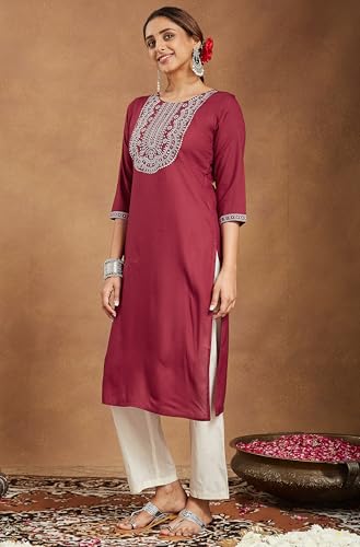Image of Janasya Women's Rayon Embroidered Straight Kurta