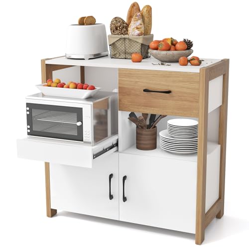 GIANTEX Aparador de Cocina para Microondas, Armario de Buffet con 2 Puertas, Cajón, Bandeja Extraíble y Compartimento Abierto, 82x40x81cm, Mueble Auxiliar para Comedor, Salón, Bar