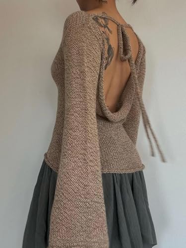 Image of CORIRESHA Women's Vintage Tie Back Bell Sleeves Boat Neck Casual Knitted Pullover Sweater