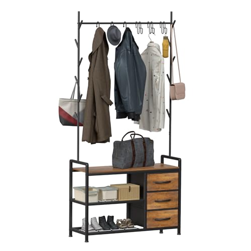HOMEKOKO Coat Rack Tree Shoe Bench, Hall Tree for Entryway with Drawer Cubby Storage Bench, Wood Look Accent Furniture with Metal Frame, 3-in-1 Design (Rustic Brown)