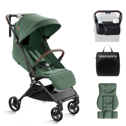MAMAZING Ultra Air Lightweight Baby Travel Stroller with Carbon Fiber Frame, Compact & Airplane-Friendly, One-Handed Fold, 11.6 lbs, Perfect for Toddlers, Organizer & Cushion Included, Green