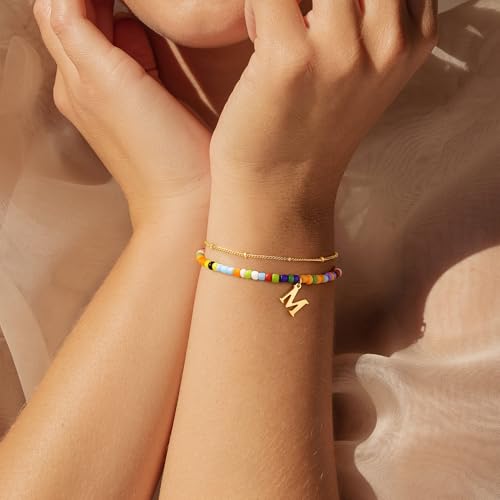 Turandoss Colorful Beaded Bracelets - Initial Bracelet for Women Girls, Dainty 18K Gold Plated Initial Bracelet Boho Beaded Bracelets for Women Teen Girl Gifts Birthday Gifts for Her3