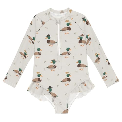Duck Cartoon Cute Pattern Girls Rash Guard Swimsuits Long Sleeve One Pieces Bathing Suit UPF 50+ Zipper Swimwear