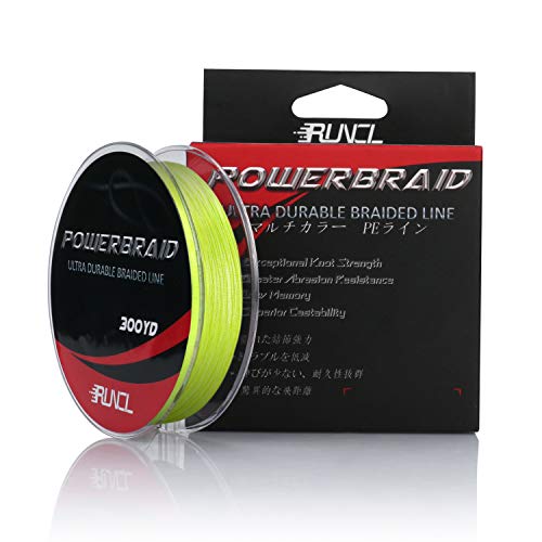 RUNCL PowerBraid Braided Fishing Line, Ultra Durable Braided Line 4 Strands - Seamless Weaving Tech, Enhanced Coating Tech, Zero Stretch, High Sensitivity (Hi-Vis Yellow, 300Yds, 50LB(22.7kgs))