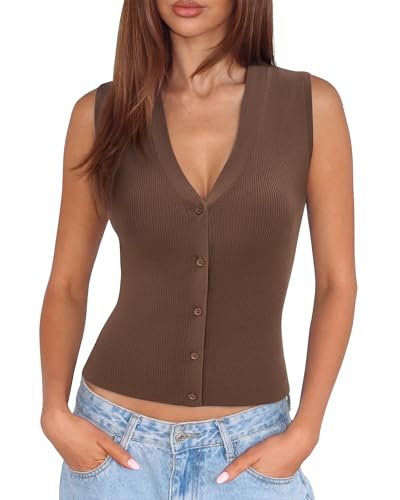 SUUKSESS Women Sleeveless Sweater Tops Summer V Neck Button Down Vest Tops Business Casual Work Shirts (Brown, XS)