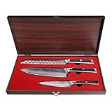 Sunnecko Messersets Damastmesser 3-TLG 20cm Kochmesser + Brotmesser + Allzweckmesser Damast Messerset - Japanischer VG10 Cored&73-Schichten Damaststahl Klinge G10 Griff Scharfes Messer Set