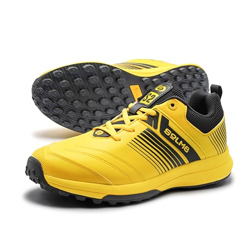 SOLM8 S2 Cricket Shoes Men Boys Junior Players - Advanced Grip Rubber Spikes for Turf/Grass Ultralight Cushioning Yellow Black (2025 Edition)