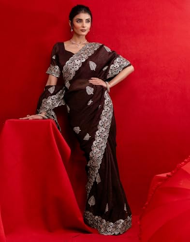 Image of SIRIL Women's Shimmer Chiffon Sequence Embroidery Saree With Unstitched Blouse Piece for Wedding and Parties