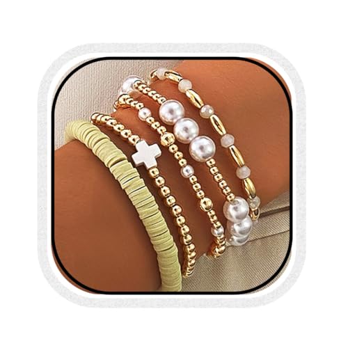 Image of GORTIN Gold Stretch Bracelets for Women Beaded Stackable Bracelet Set Pearl Strand Bracelets Accessories for Women (L-Pearl-5 PCS, Free size)