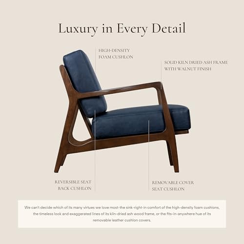 Image of Poly & BARK Verity Leather Accent Chair - Armchair with Walnut Wood Frame - Fashion-Forward Lounge Seating for Living Room - Upholstered in Midnight Blue Leather for Modern Style