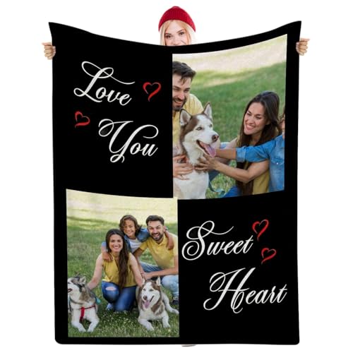 Muewent Manta personalizada con 2 fotos y palabras, adecuada para marido, esposa, novia, novio, familia, amigos, mascotas