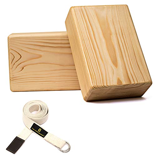Image of Solid Wood Yoga blocks - Natural Eco-Friendly High-Density Support Wooden Brick - Sustainable Timber for Pilates, Stretching, and Advanced Balance Yoga Poses (2 PC BLOCKS + 1 PC YOGA BELT)