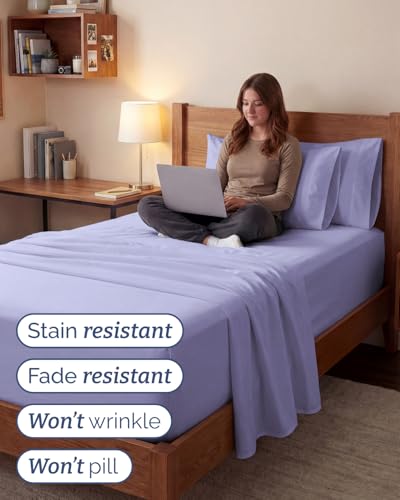 Image of Extra Deep Twin XL Sheet Set - 4 Piece Breathable Cooling Sheets - Lavender | Hotel Luxury Bed Sheets Set, Easy & Secure Fit, Ultra-Soft, Wrinkle & Fade Free, Comfy Sheets Set with Extra Deep Pockets