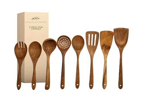 Solange & Frances Teak Wooden Utensil Set, Premium Cooking Utensils, BPA Free Non Toxic Cooking Utensils, Unique Gifts for Women Who Have Everything, All Natural