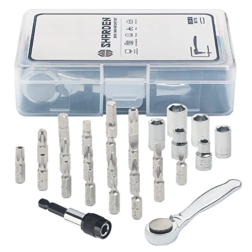 SHARDEN 1/4 Mini Ratchet Set 28pcs Right Angle Screwdriver and Bit with Metric Socket Set, 72 Tooth Small Ratcheting Wrench Offset Screwdriver Low Profile Stubby Ratchet for Tight Spaces