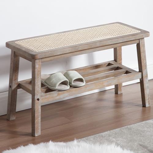 Ya-Home Sitzbank Holz Schuhbank Rattan Schuhregal 2 Ebenen Rattanbank...