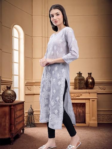 Image of Seva Chikan Hand Embroidered Lucknowi Chikankari Terivoil Cotton Regular Fit Straight Kurta for Women SCL4351