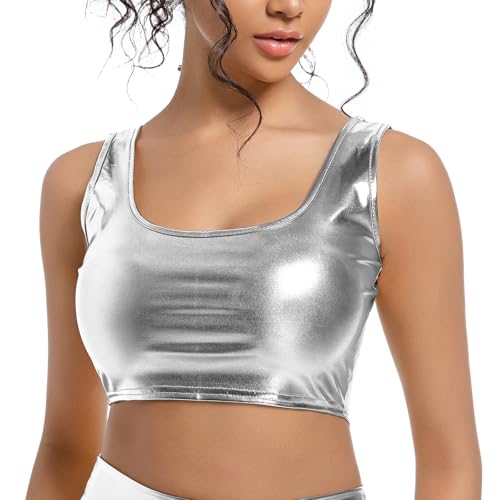 Women's Metallic Crop Top – Shiny Stretch Tank for Rave, Festival, Club, Dance & Party Wear