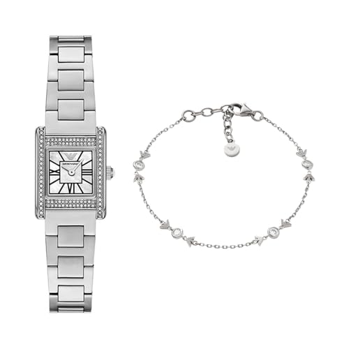 Emporio Armani Mujer Reloj de Acero Inoxidable Plateado y Pulsera de Plata de Ley, Set