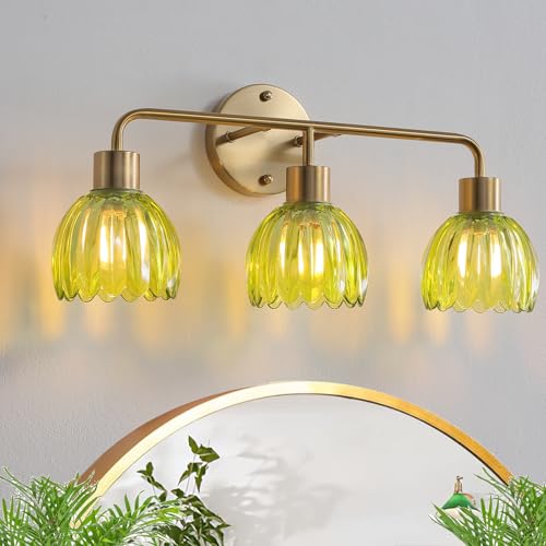 Image of 3-Light Gold Brass Bathroom Light Fixture,Wall Sconces,Brushed Gold Vanlity Light Over Mirror,Bathroom Vanity Light with Green Glass Flower Shade,E26 Socket(Bulbs Not Included)
