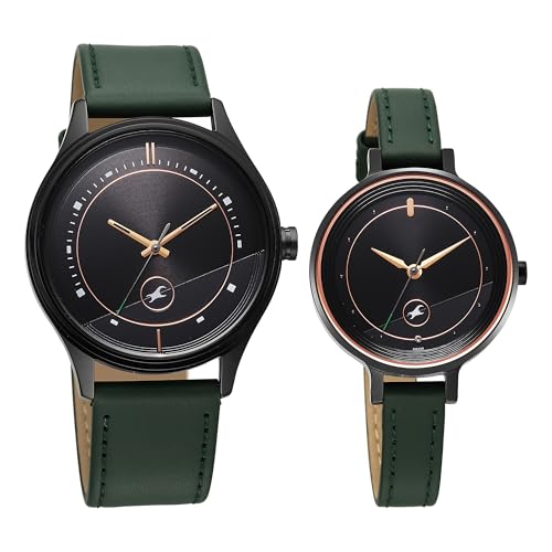 Image of Fastrack Mixmatched Quartz Analog Black Dial Green Leather Strap Watch for Couple