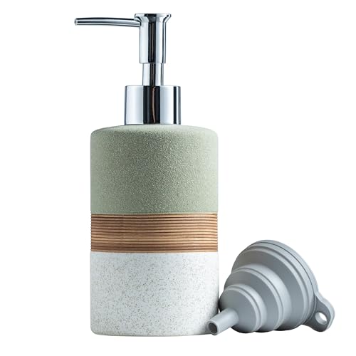 Image of Ceramic Dish Soap Dispenser for Bathroom Shower Hand Soap Dispenser | Refillable Shampoo and Conditioner Bottle, Stainless Steel Pump, Silicone Funnel | Non-Slip Lotion Dispenser, Green and White