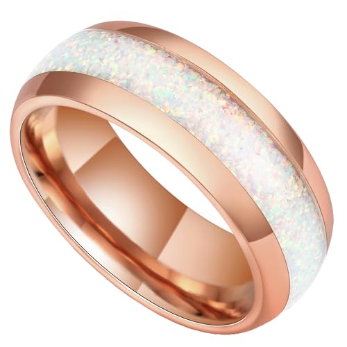 8mm Tungsten Rings for Men Women Black/Rose Gold Plated Tungsten Carbide Wedding Bands with Opal/Ruby/Emerald/Amethyst/Citrine/Pink Sapphire Birthstone Promise Rings Dome Polished Size 7-14
