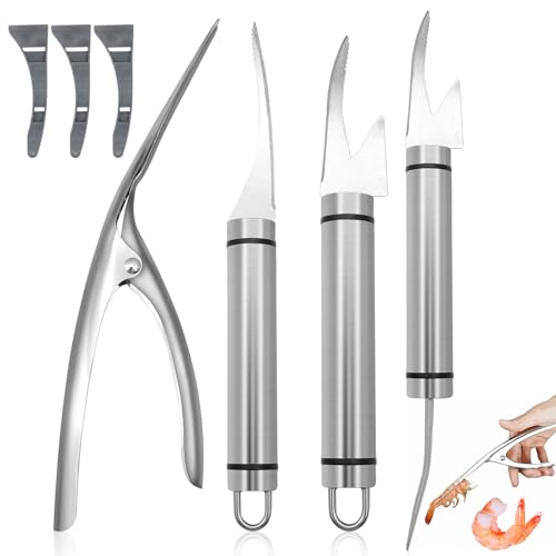 Scettar 4 Pelador de Gambas y Langostinos, Shrimp Line Knife Multifunctional Shrimp Line Fish Maw Knife, Herramienta Peladora de Camarones de Acero Inoxidable, Pinza Peladora de Camarones para Cocina