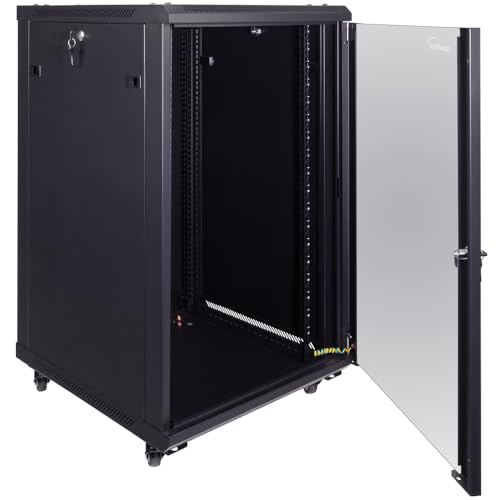 Image of NavePoint 18U Server Cabinet Wall Mount Rack Enclosure with Caster Wheels, 2 Fans, Locking Glass Door, Removable Side Panels - 18U Network Cabinet 23.6 inch Deep, 19 inch Server Rack for IT Equipment