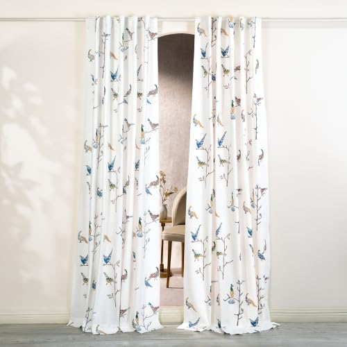 Image of Tranquebar Curtain Co. Window Curtains 6 Feet, 60-65% Room Darkening, Multicolor (Blue, Yellow) Bird Print, Cotton Curtains for Window, BackTab Loops, Design Shiri (183 cm) - Set of 2