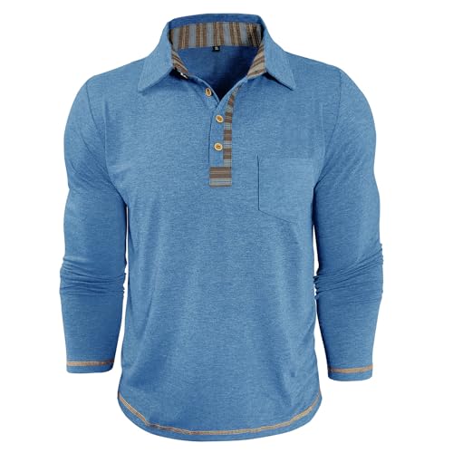 Men's Casual Polo Shirts Long Sleeve Cotton Classic Work Shirt Button Basic Collared Shirt with Pocket2