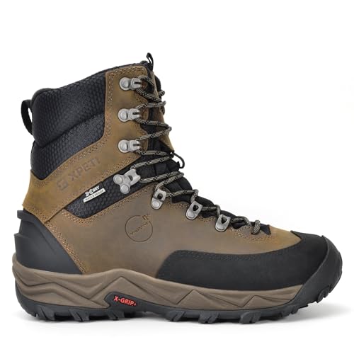 XPETI Men's Waterproof Leather Hiking Boots, Insulated Winter Snow Boots with Anti-Slip Sole, Warm Liner for Outdoor Trekking,Brown 12