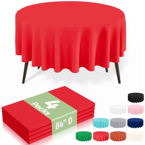 Image of misaya 4 Packs Disposable Plastic Table Cloth, 84 inch Round Waterproof Tablecloth, Leakproof & Sturdy Decorative Table Covers for Picnic, Party, Outdoor and Back to School, Red