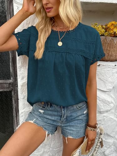 Poetsky Womens Summer Short Sleeve Lace Crochet Blouses Flowy Babydoll Dressy Casual Work Tops4