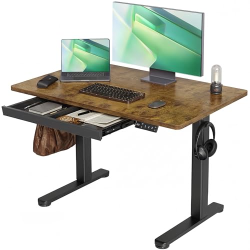 Image of Claiks Electric Standing Desk with Drawer 40 Inch Rustic Brown