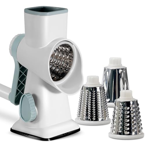 Rallador de queso y verduras, cortador giratorio de manivela con 3 cuchillas, fácil de limpiar, diseño compacto y base de succión estable para frutas, verduras y frutos secos