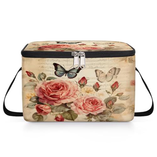 GzLeyigou Retro Floral Roses Lunch Bags for Women Men 9 Cans, Hot & Cold Food Delivery Bag Insulated Grocery Bag Insulated Lunch Box Butterfly Cooler Bag for Office Work Picnic Beach