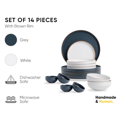 Image of Shay Modern Ceramic Dinner Set, 14 Pcs, Grey White | Crockery Set for Gifting & Dining| Premium Ceramic Dinner Set | Matte Finish (Japandi Dinner Set - Grey White, 14 Piece)