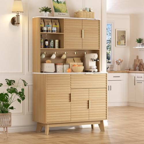 Image of Vabches 65 inch Kitchen Pantry Storage Cabinet, Fluted Kitchen Hutch Cabinet with 4 Charging Stations and Large Countertop, Open Shelves & Drawers for Dining Room, Living Room,Modern, Natural