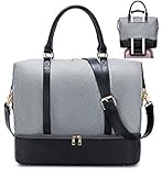 Womens Travel Weekend Bag Canvas Overnight Carry on Shoulder Duffel Beach Tote Bag (Grey with shoe compartment)